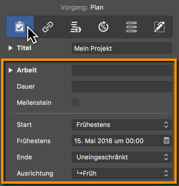 Vorgaben im Inspektor