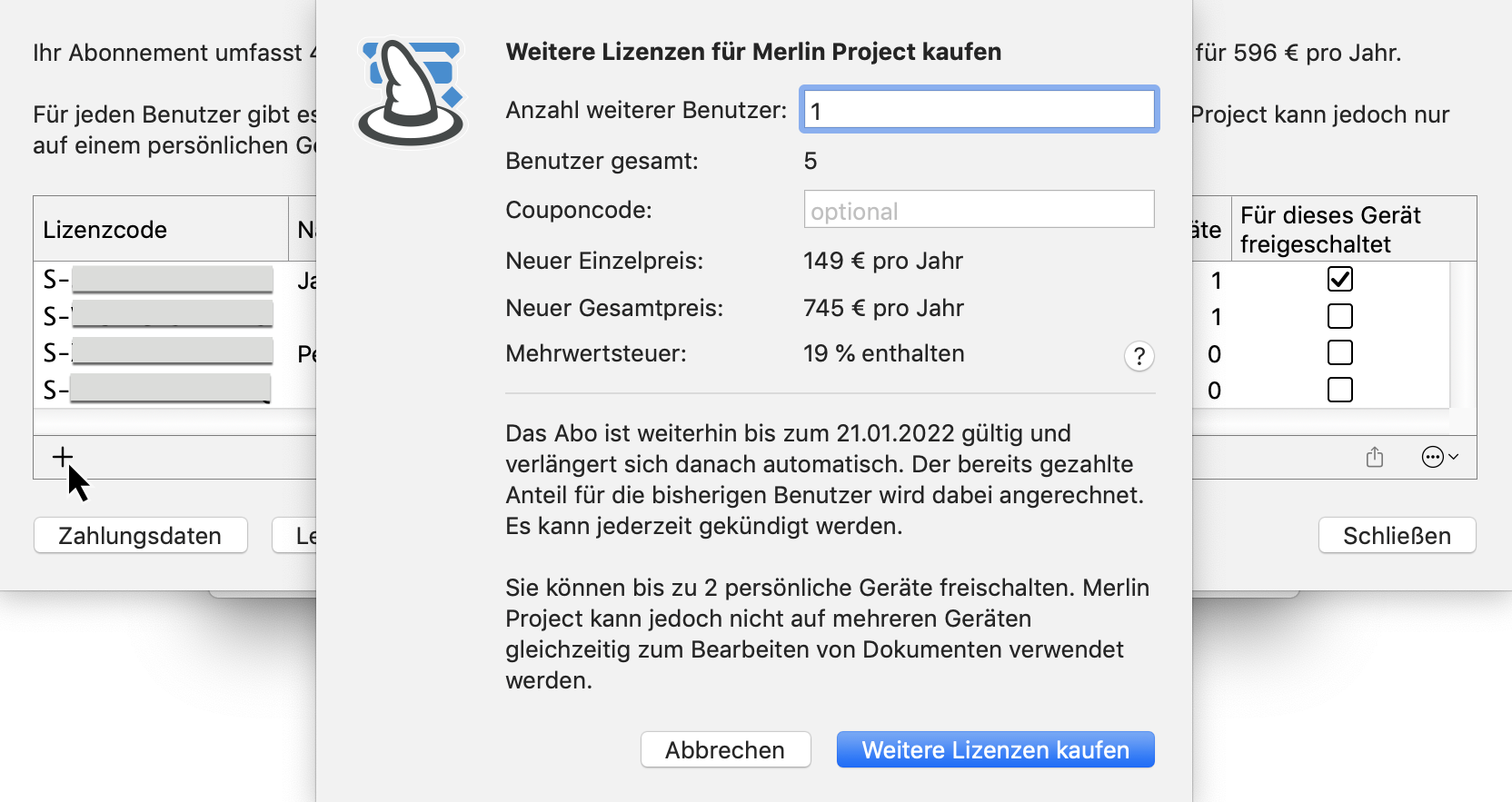 Abonnement erweitern - Mehr Benutzer