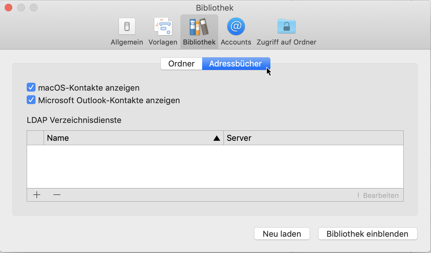 Einstellungen: Bibliothek - Addressbücher