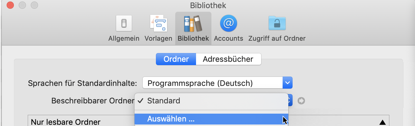 Einstellungen: Bibliothek - Ordner Menü