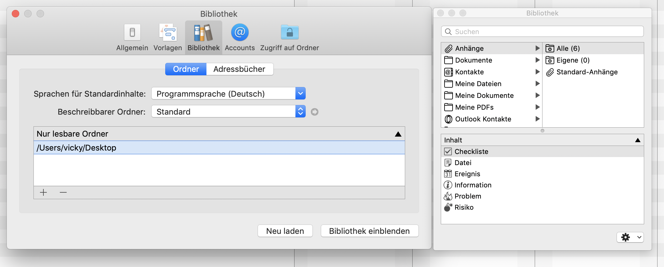 Einstellungen: Bibliothek - Nur lesbare Ordner