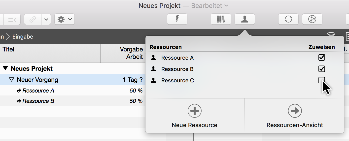 Zuweisung - Häkchen Ressourcen