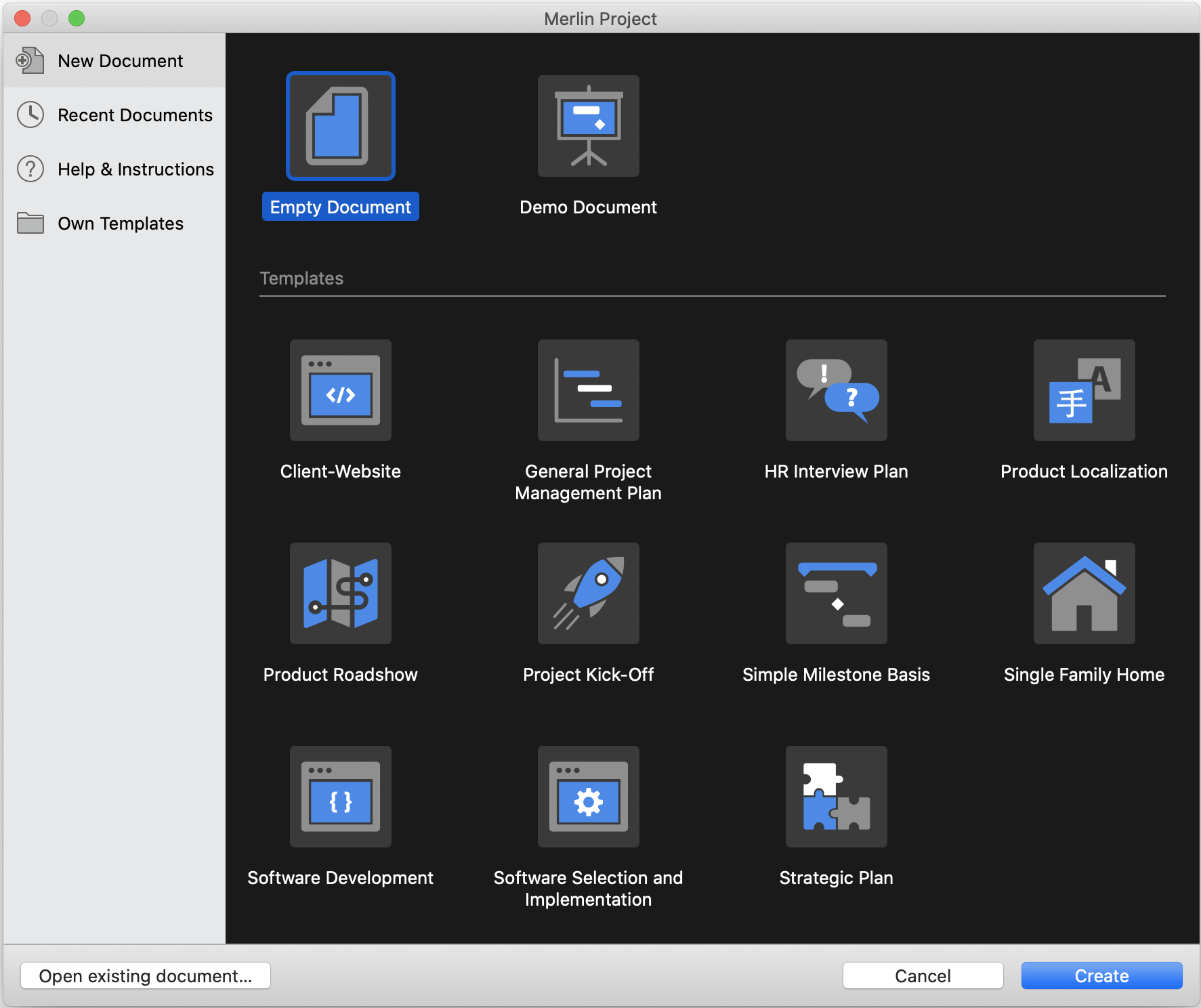 New Document Dialogue.