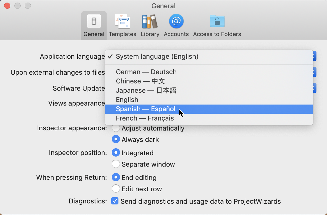 Preferences:General - Application language