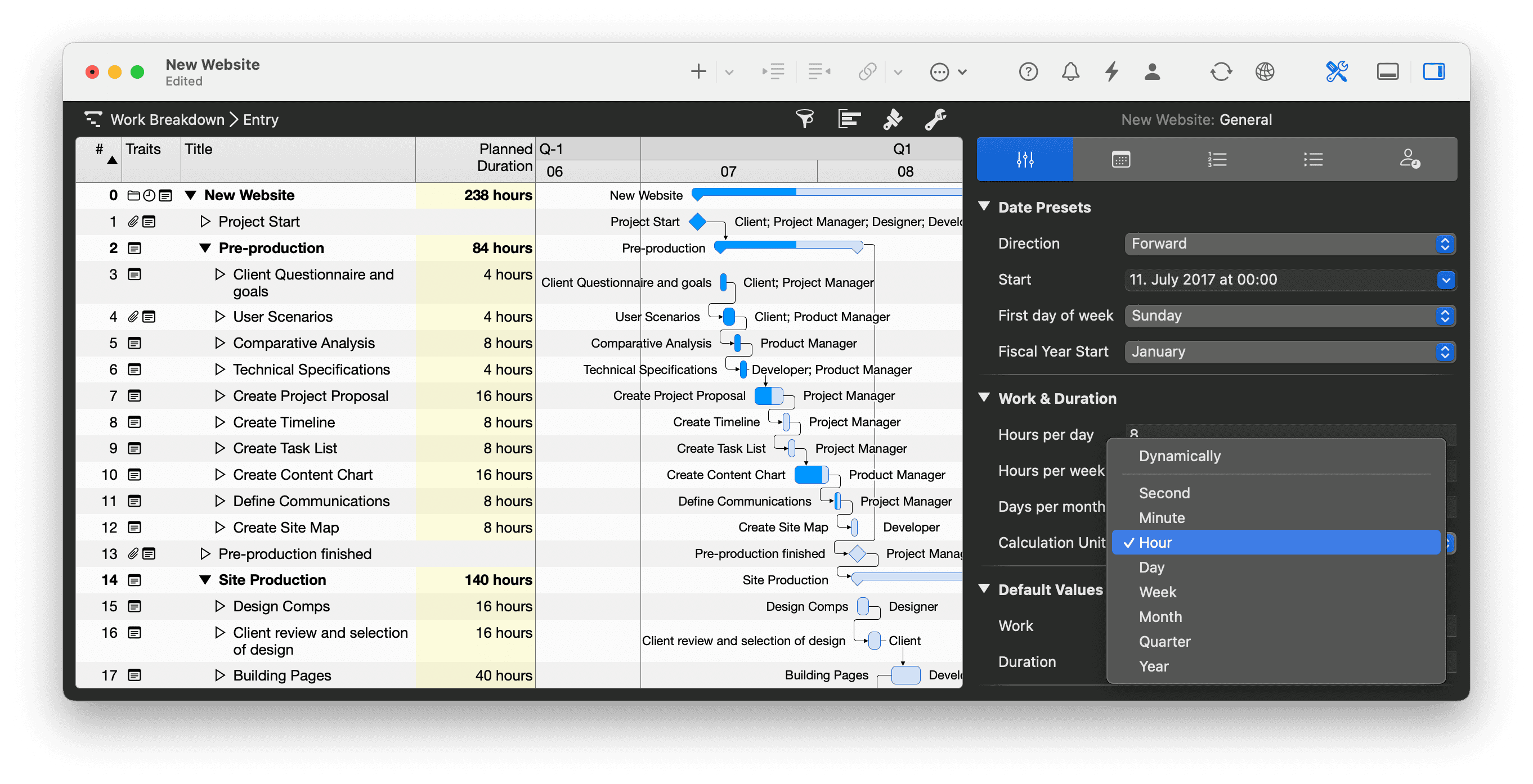 Setting Calculation unit for duration