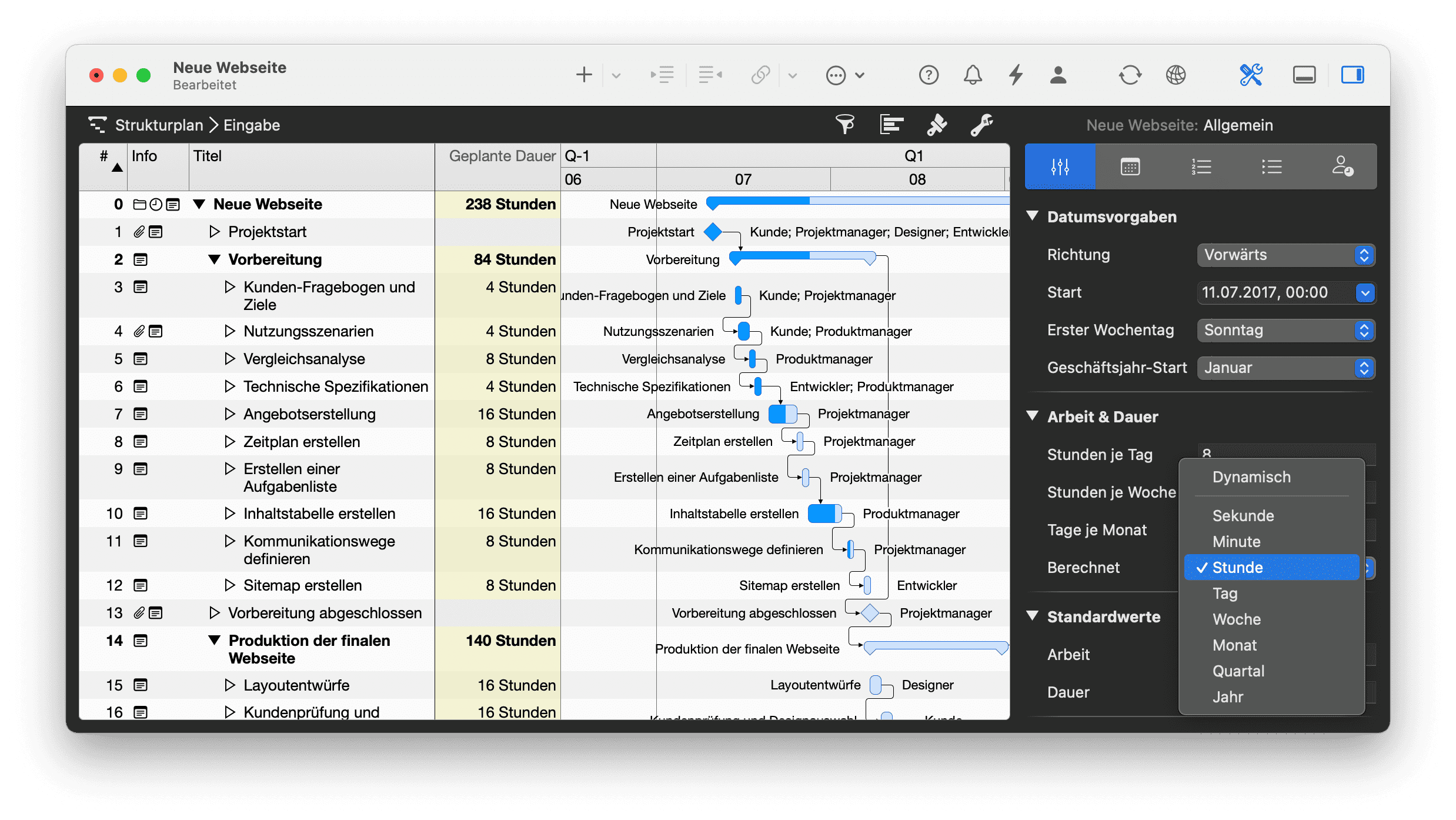 Einstellungen der Berechnungseinheit für Dauer