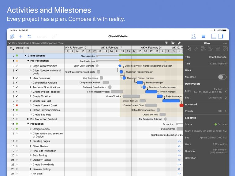 iPad 版 Merlin Project のアクティビティとマイルストーン