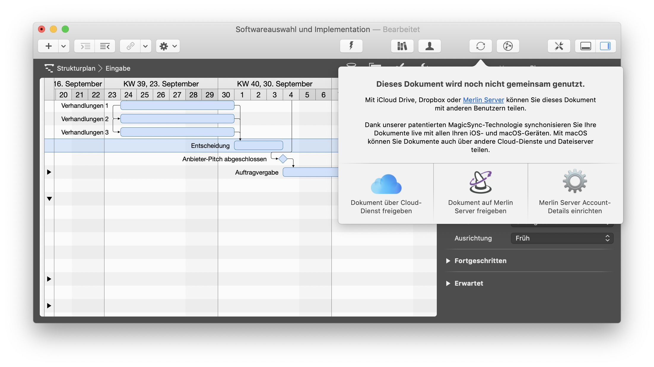 Neu gestaltetes Synchronisierungspanel in Merlin Project