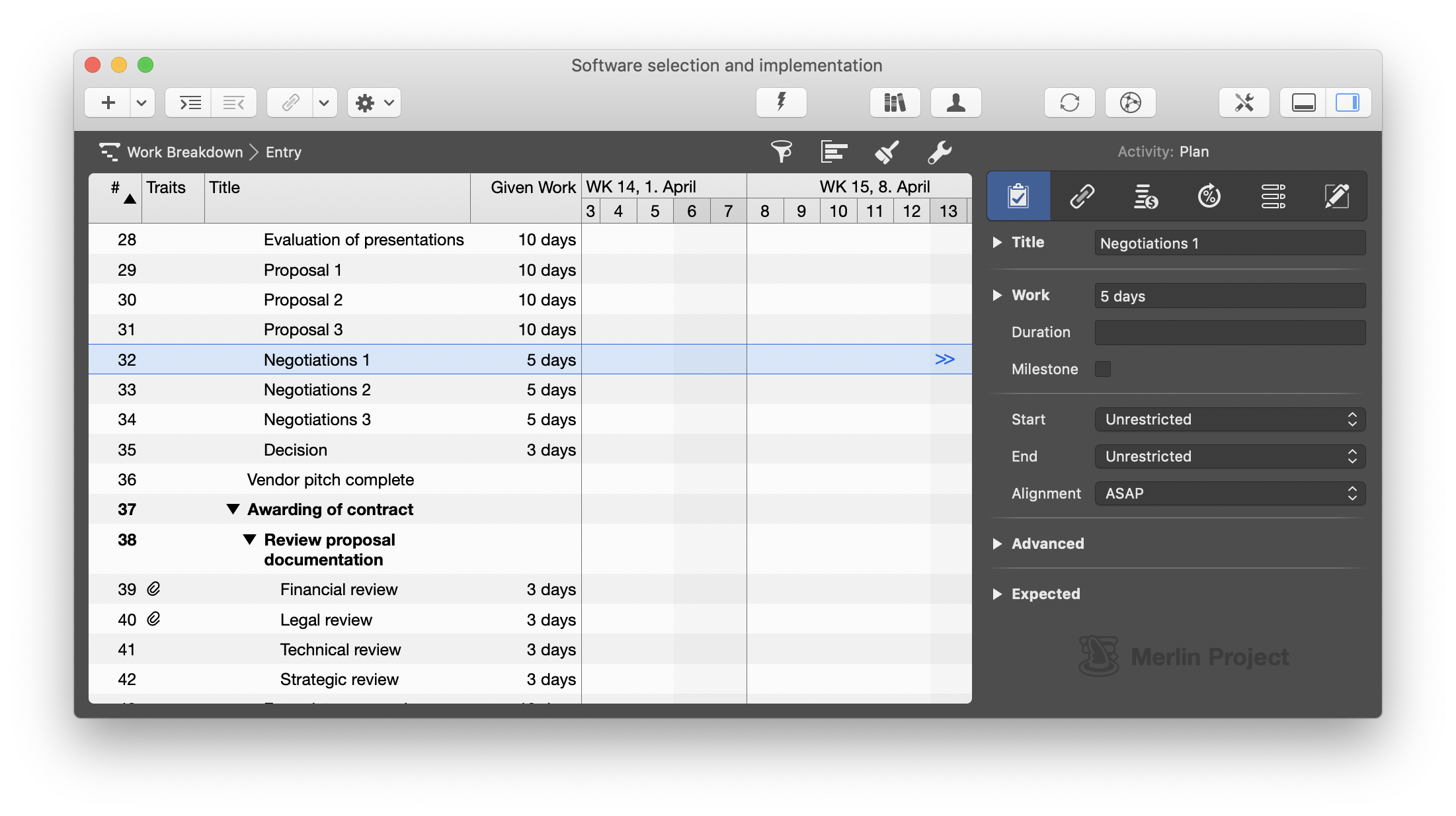 Double arrow symbol in the Gantt chart of Merlin Project to jump to bars