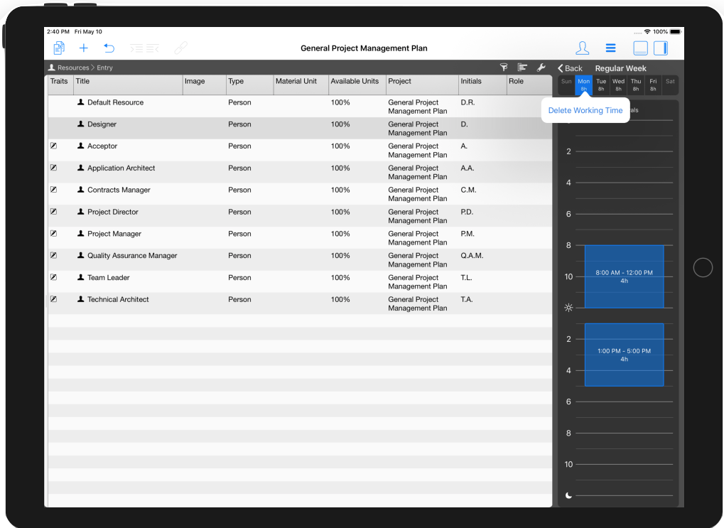 Deleting Working Time in a Resource Calendar in Merlin Project professional project management software on the iPad