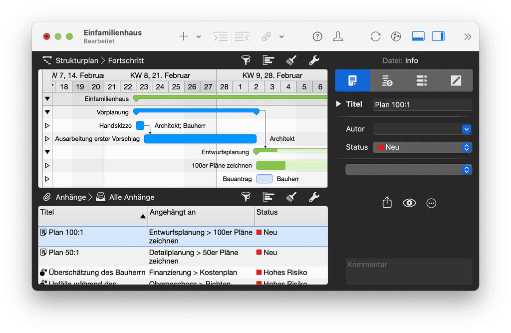 4. Balken, Abhängigkeiten und Anhängen mit weitere Informationen in Merlin Project 4. Balken, Abhängigkeiten und Anhängen mit weitere Informationen in Merlin Project