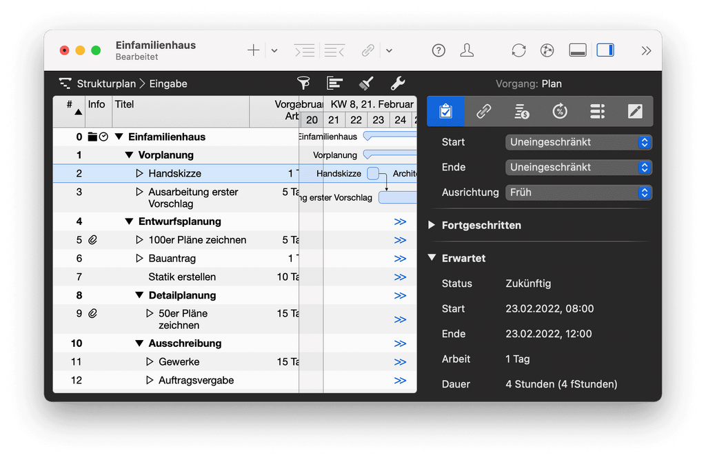 2. Bauvorhaben dynamisch geplant und der Fertigstellungstermin automatisch von Merlin Project berechnet 2. Bauvorhaben dynamisch geplant und der Fertigstellungstermin automatisch von Merlin Project berechnet
