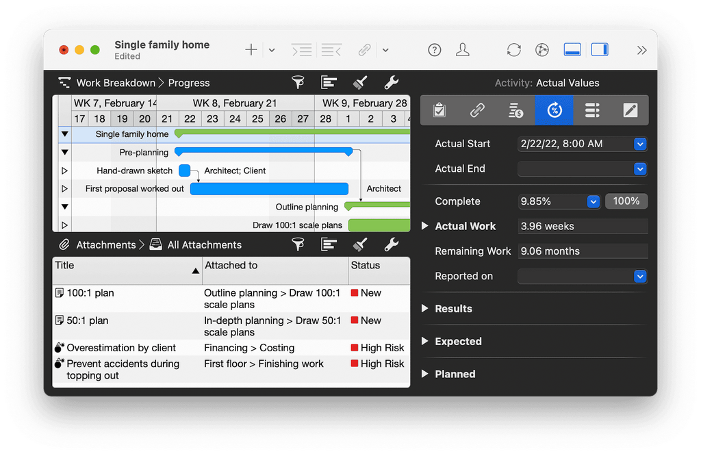 4. Bars, dependencies and attachments with more information in Merlin Project