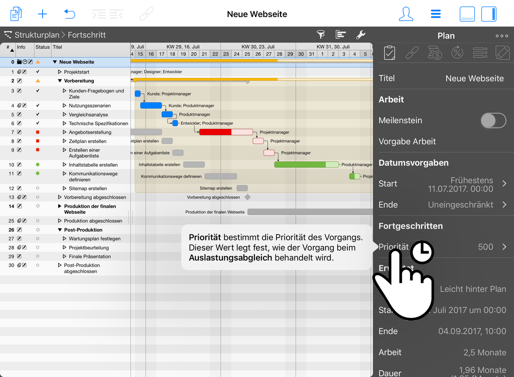 2. Tippen und halten Sie einen Feldtitel im Inspektor, um seine Bedeutung anzuzeigen.