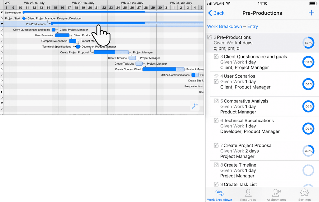 3. On your iPhone use the Gantt, tap any group, rotate back and see its children activities 3. On your iPhone use the Gantt, tap any group, rotate back and see its children activities