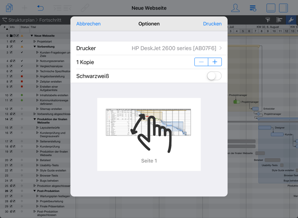 1. Zweifinger-Geste zum Öffnen der Druckvorschau als PDF.
