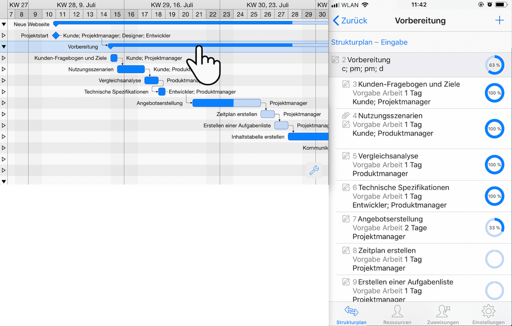 3. Im Gantt tippen Sie auf eine beliebige Gruppe, um in den untergeordneten Aktivitäten zu navigieren.