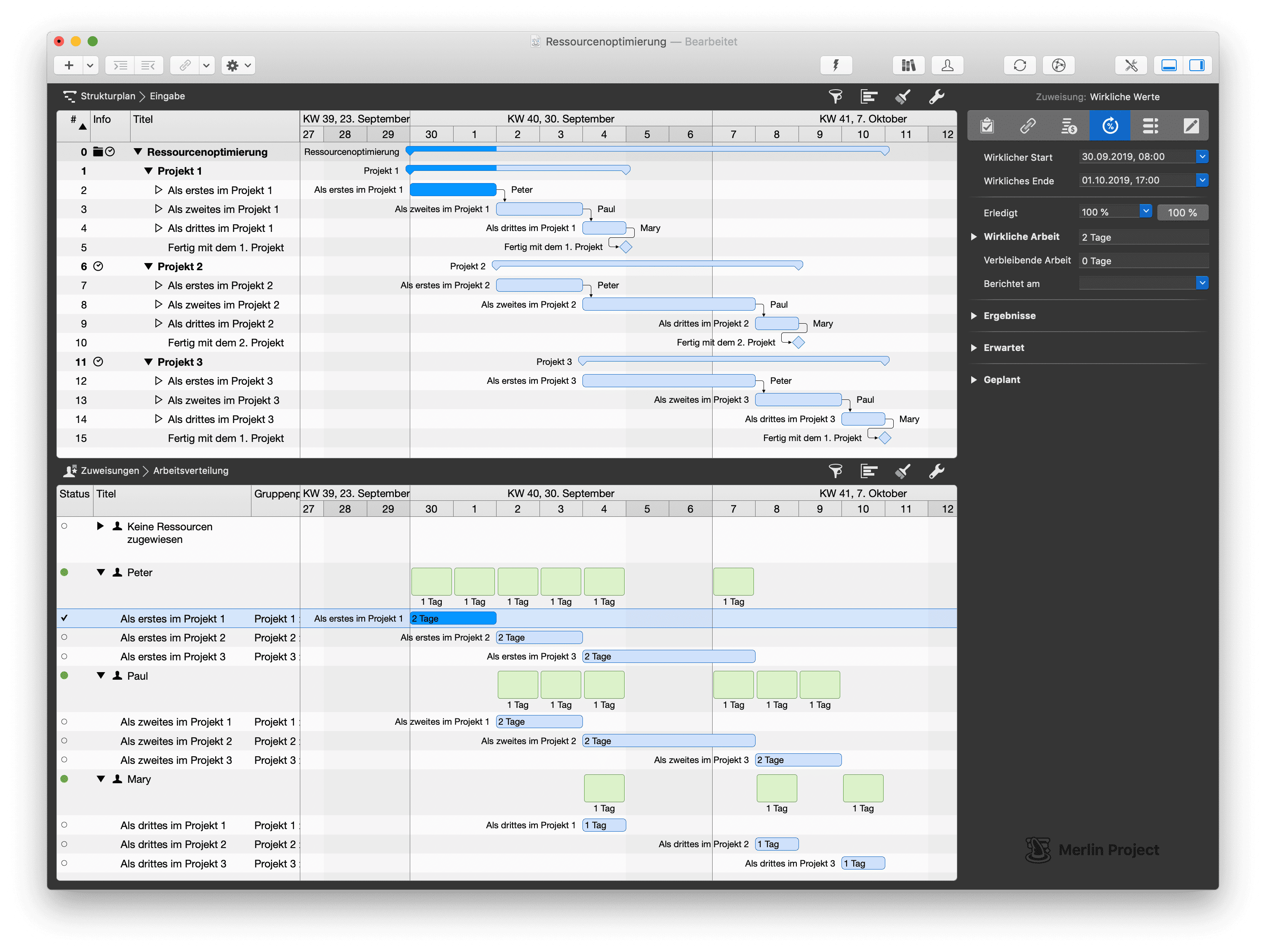 Die Multiansicht von Strukturplan und Arbeitsverteilung in Merlin Project