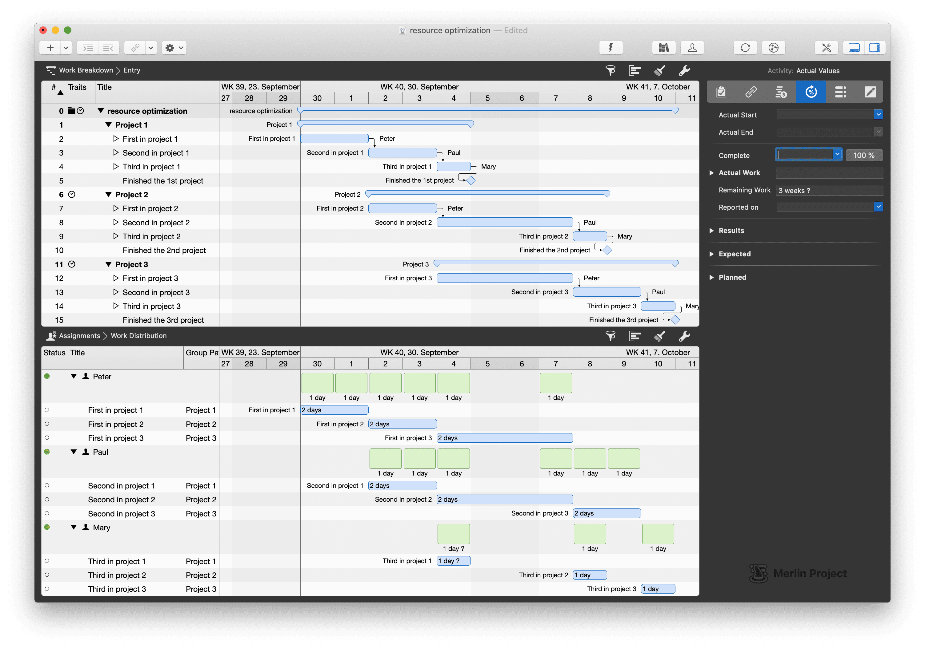The finished planning in Merlin Project including the utilization