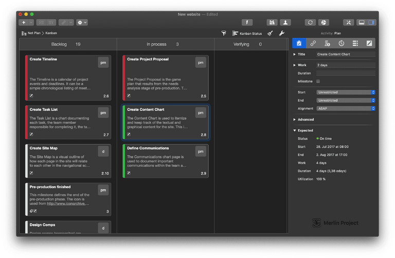 The Merlin Project 6 Kanban board in dark mode