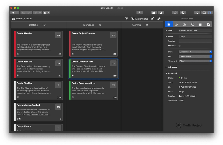 The Merlin Project 6 Kanban board in dark mode