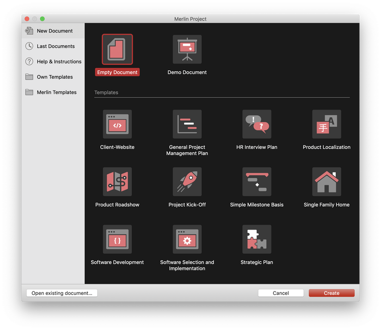 The new start dialog of Merlin Project 6 with red accent color