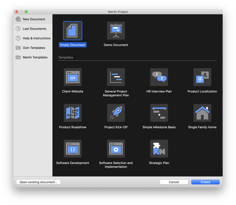 The new start dialog of Merlin Project 6 with blue accent color
