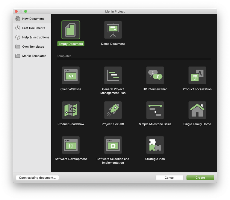 The new start dialog of Merlin Project 6 with green accent color