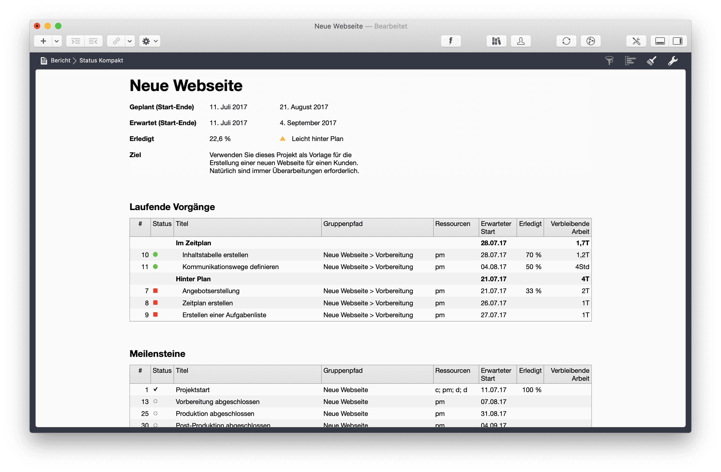 Projektstatus in Merlin Project