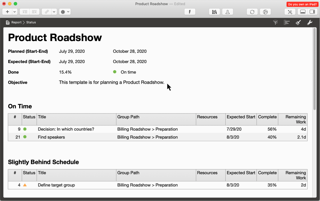 Merlin Project - report view of a template