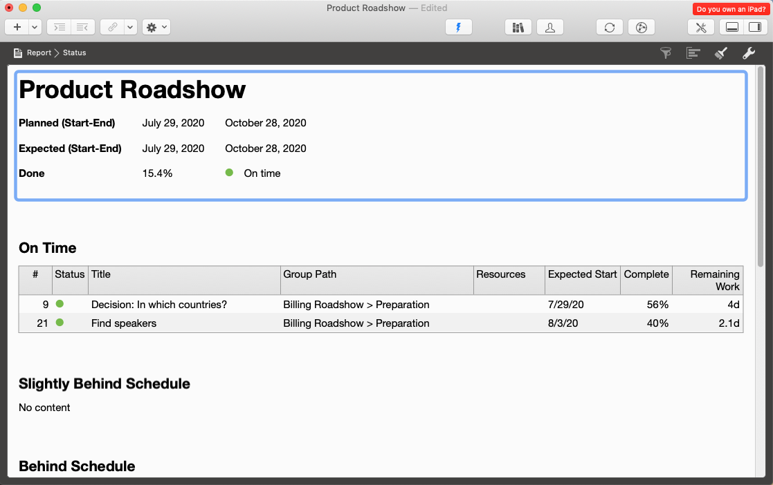 Merlin Project - report view without objective