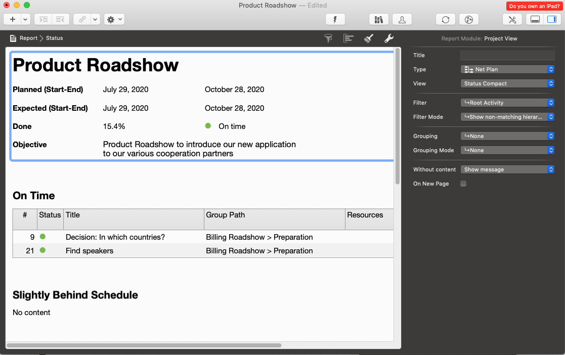 Merlin Project - report view with updated objective