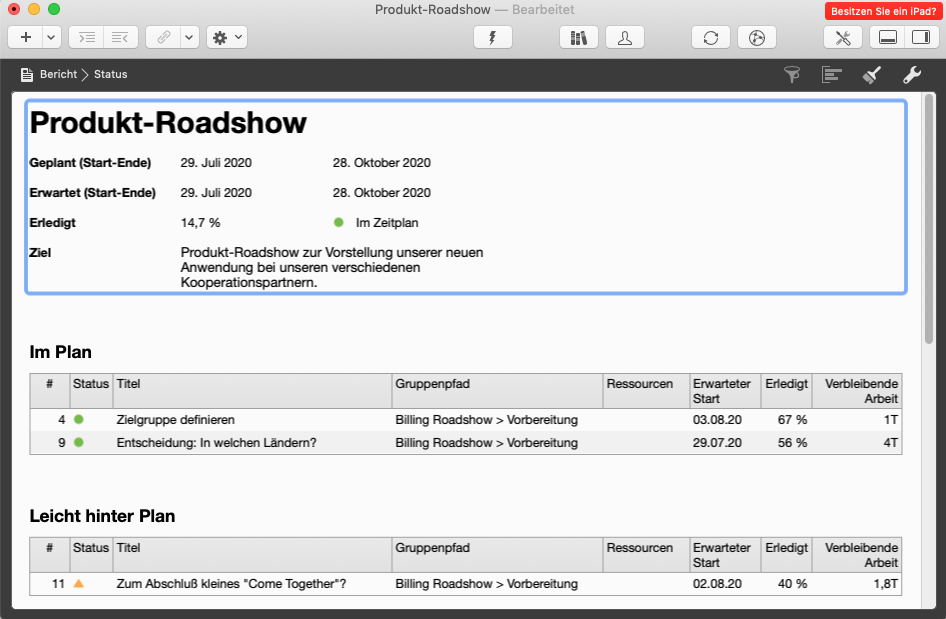 Merlin Project - Berichtsansicht mit aktualisierter Zielinformation Merlin Project - Berichtsansicht mit aktualisierter Zielinformation