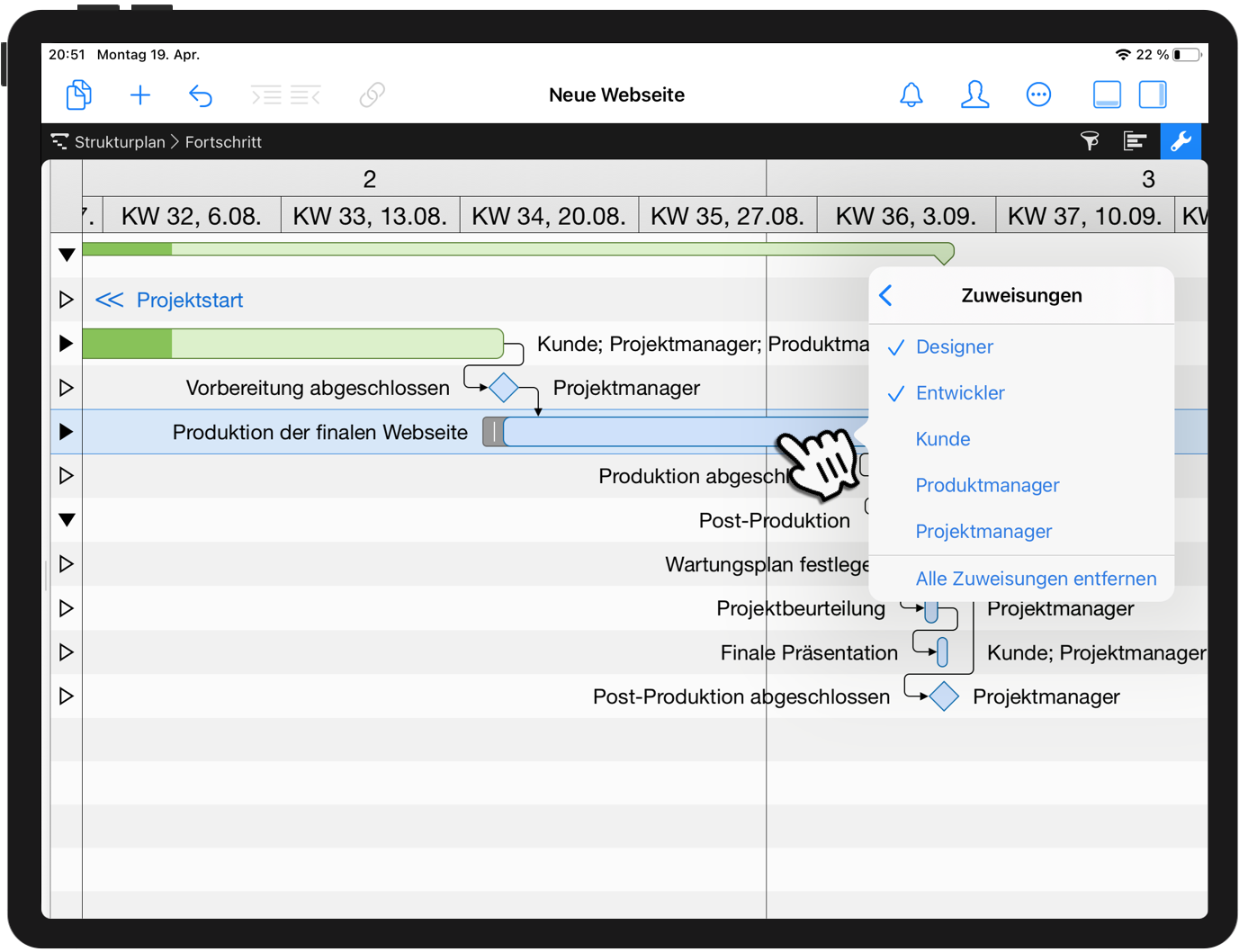 Zuweisungen von Vorgängen auf dem iPad überprüfen
