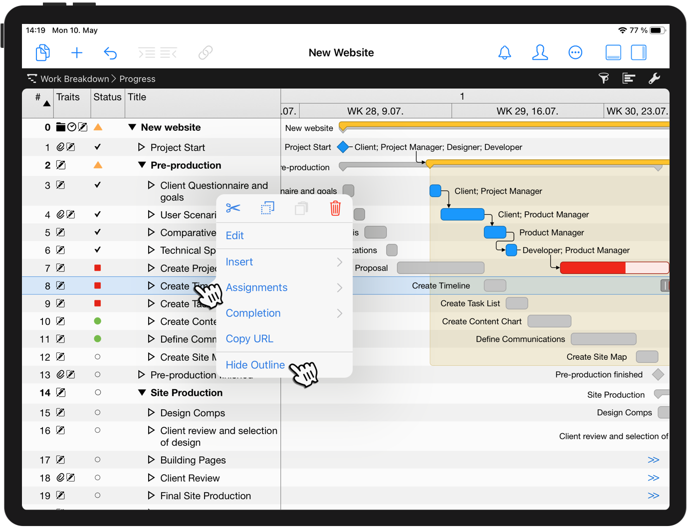 Concentrate on the Gantt of your project on the iPad Concentrate on the Gantt of your project on the iPad