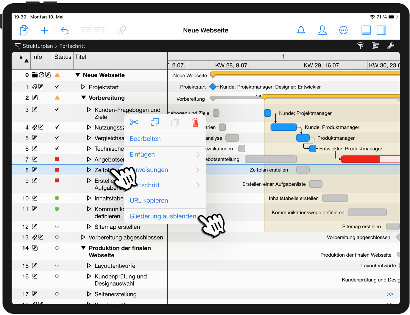 Konzentrieren Sie sich auf das Gantt Ihres Projekts auf dem iPad