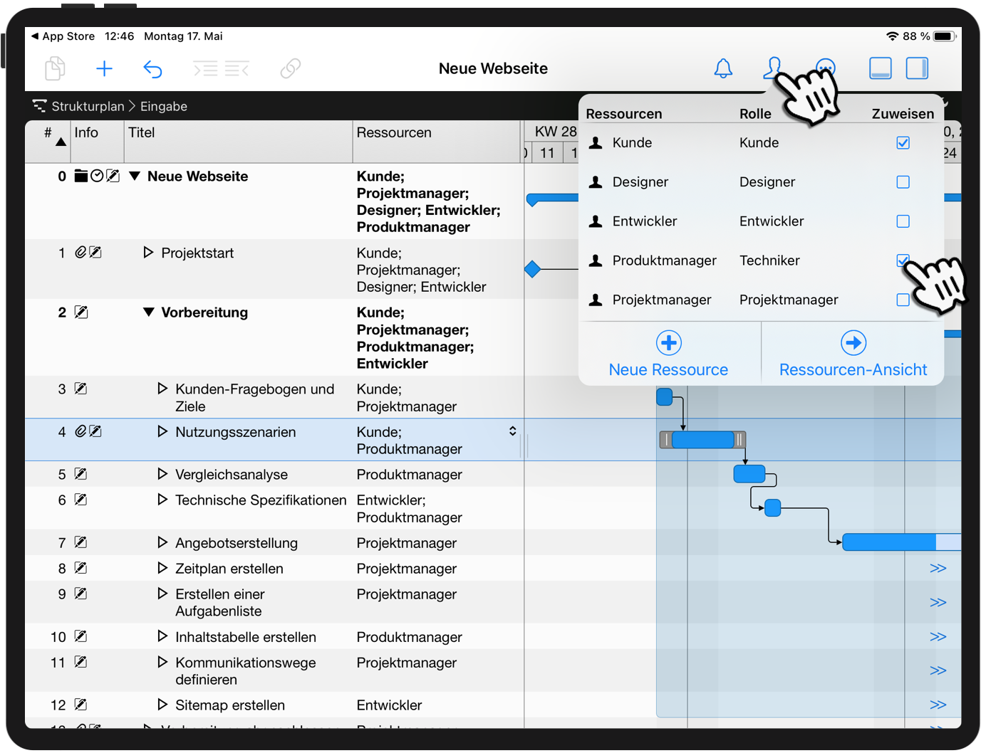Neue Ressourcen einfügen und Zuweisungen definieren auf dem iPad Neue Ressourcen einfügen und Zuweisungen definieren auf dem iPad