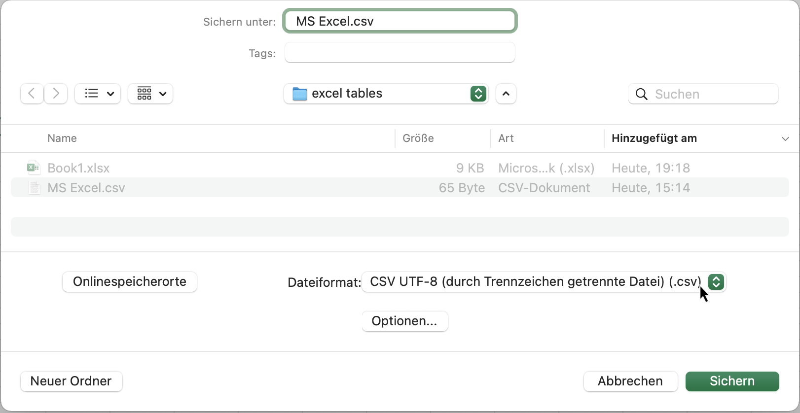 Wählen Sie CSV UTF-8 durch Trennzeichen getrennte Datei .csv