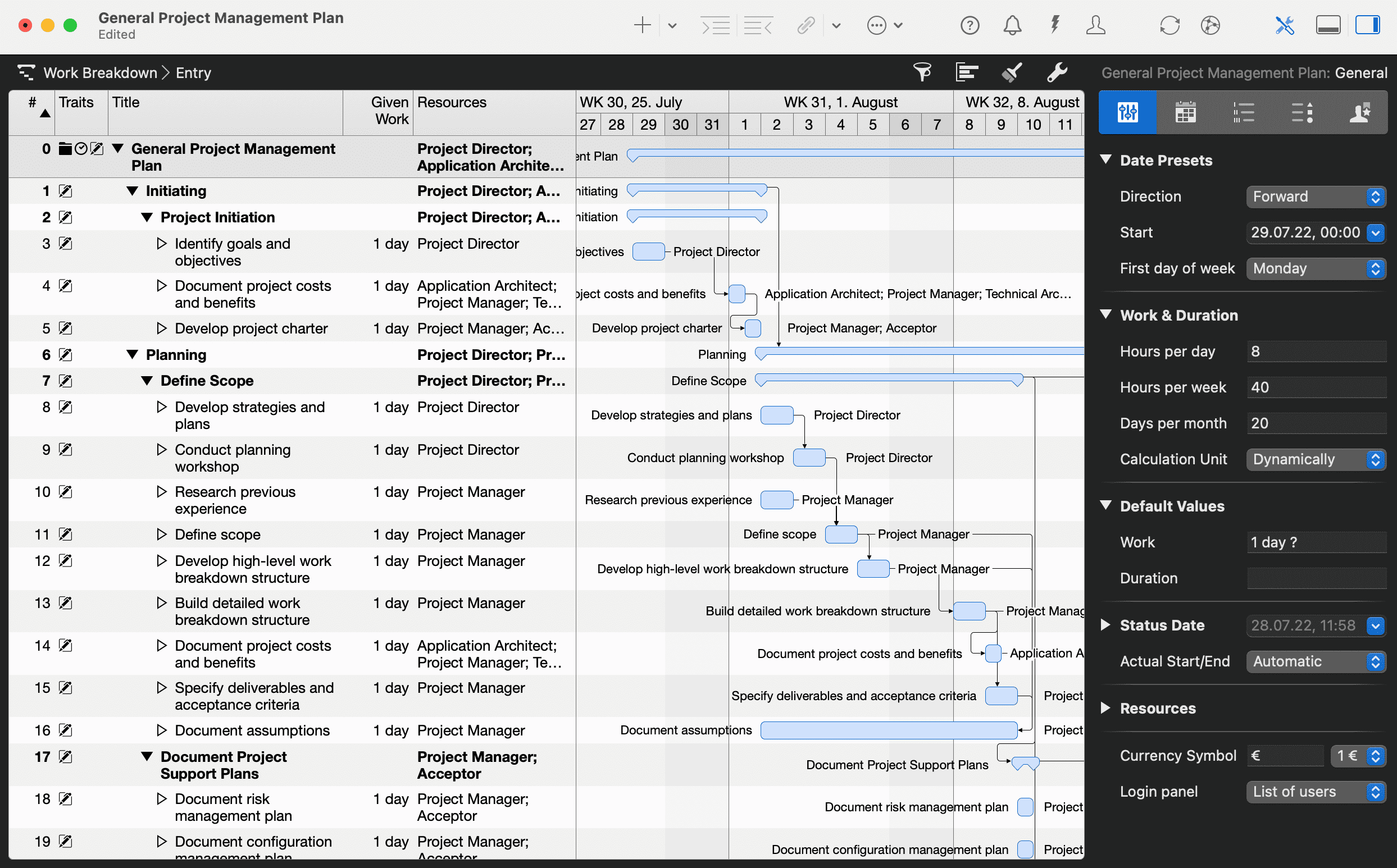 General project management plan in Merlin Project