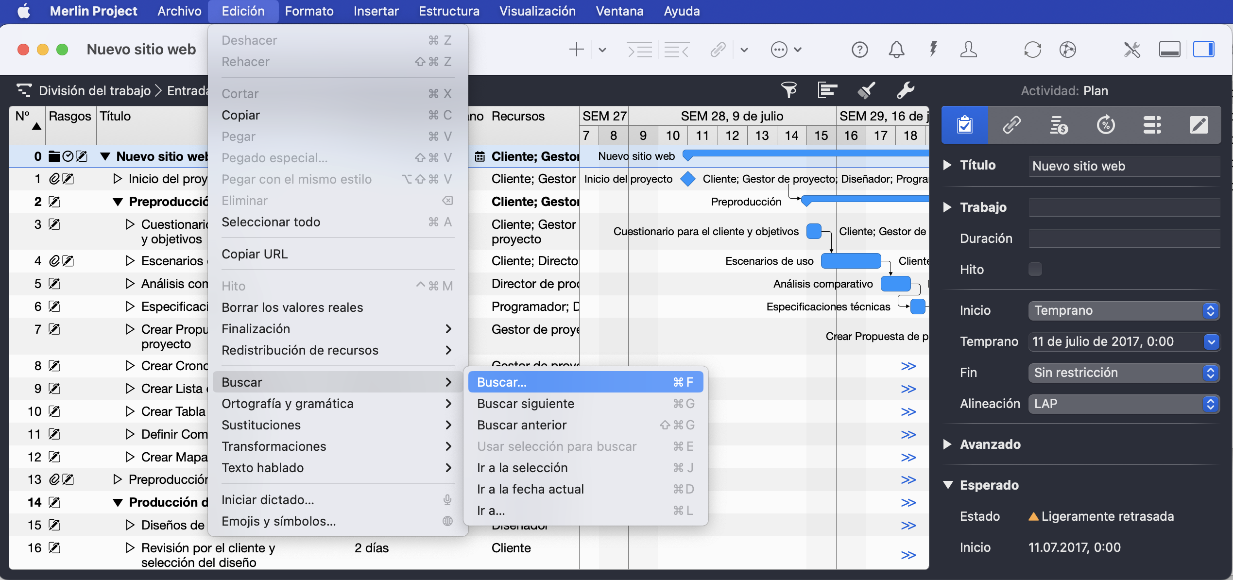 Menú de edición de Merlin Project