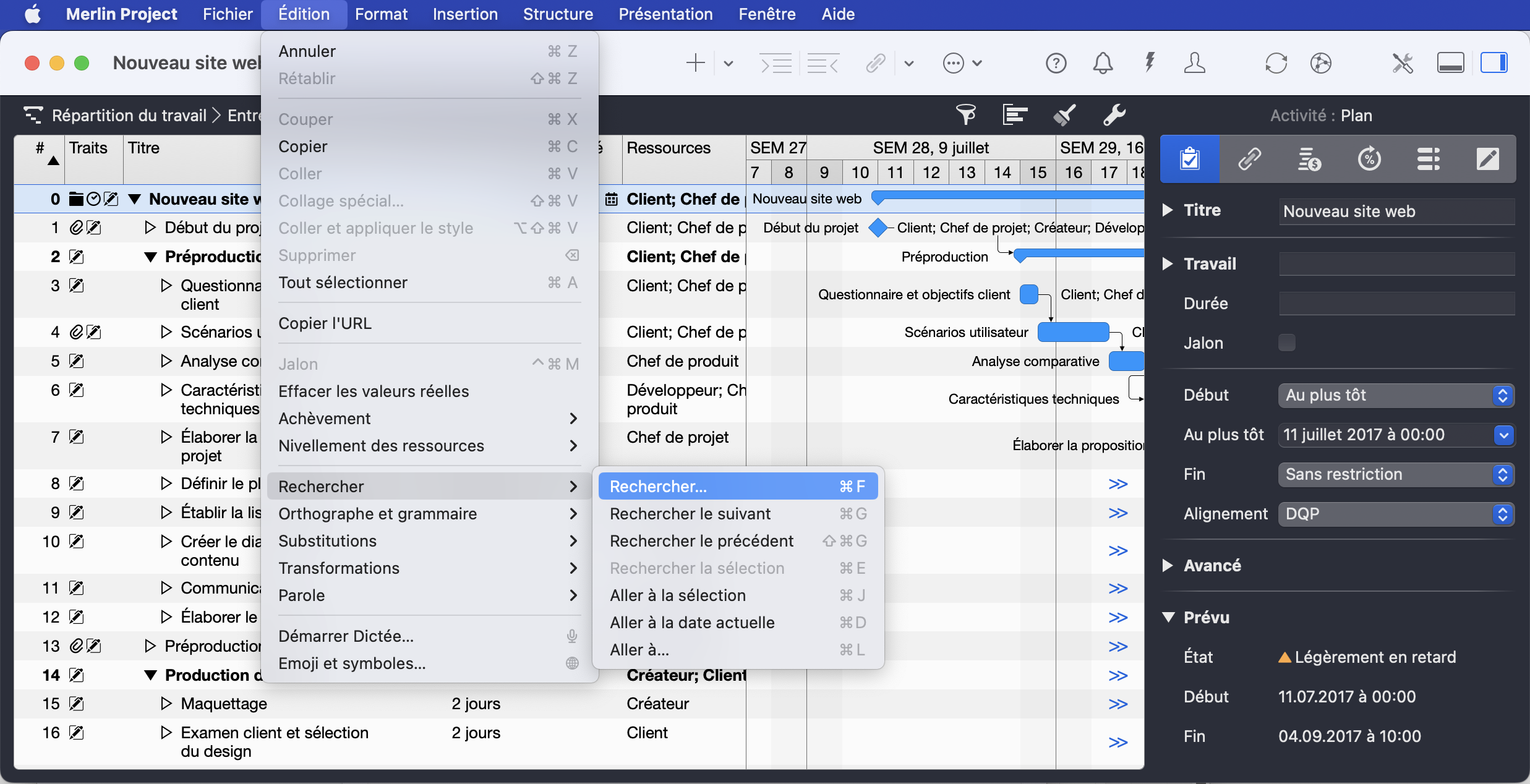 Menu Édition de Merlin Project