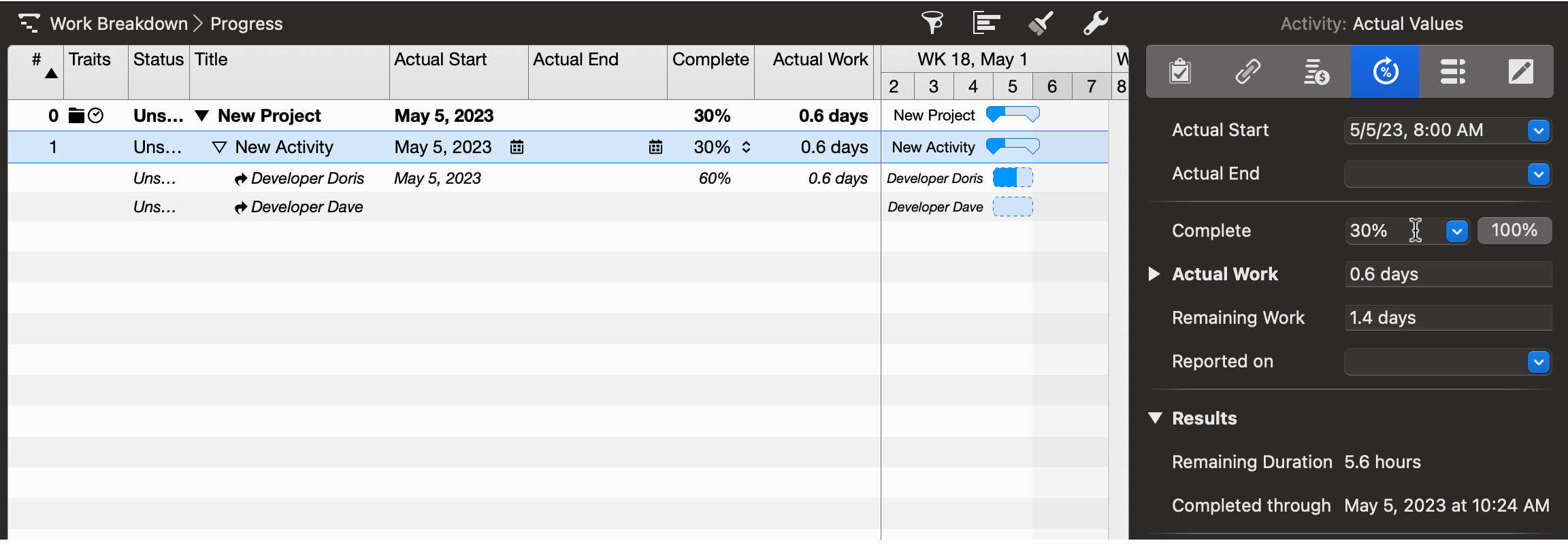Merlin Project - Progress on an Assignment calculates Progress on Activity, viewed in 'Work Breakdown > Progress'