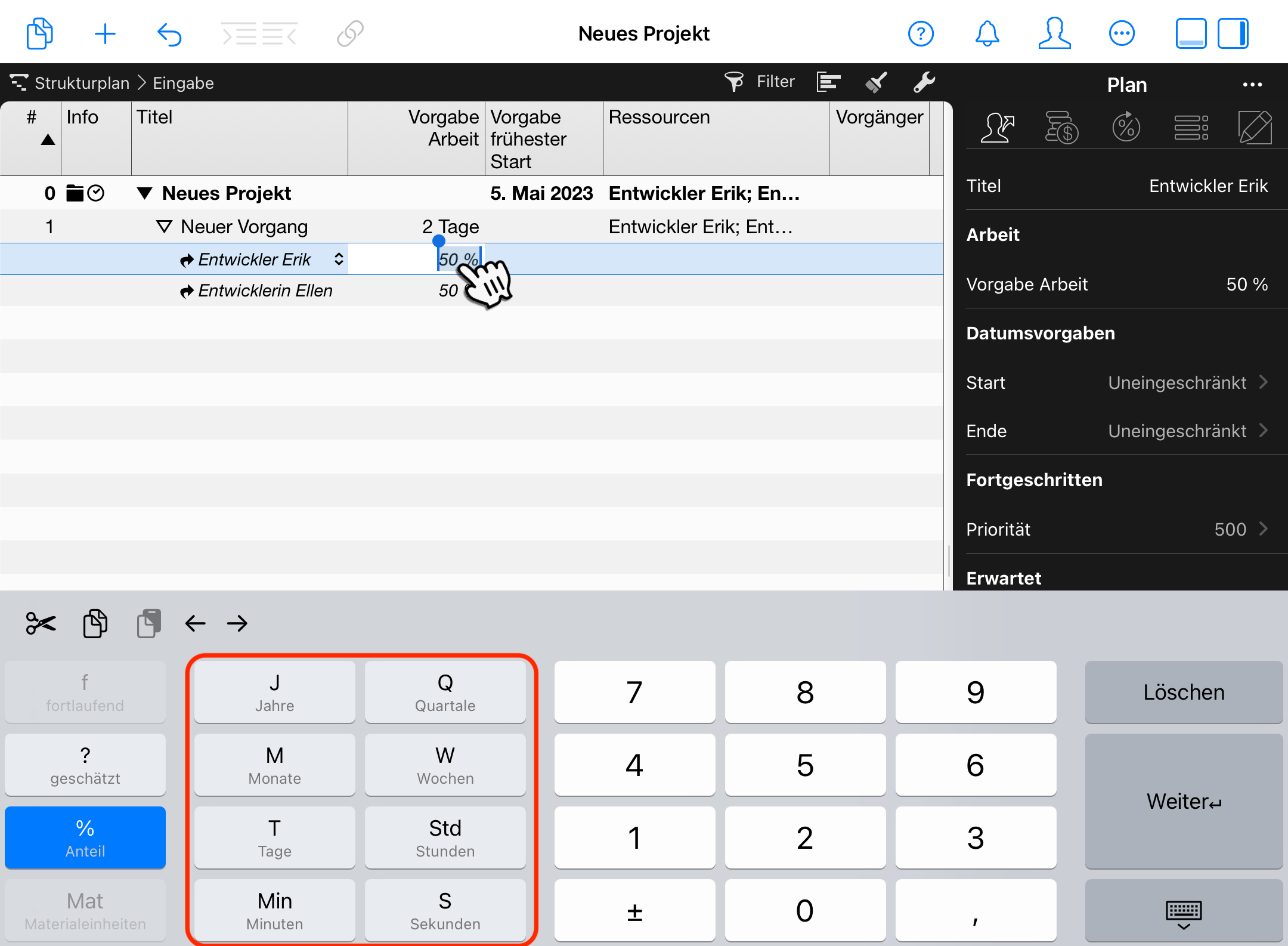 Merlin Project auf dem iPad - Arbeit nach % oder Einheit zuweisen