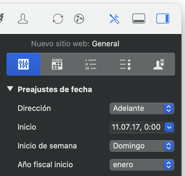 El inspector para la configuración del proyecto en Merlin Project