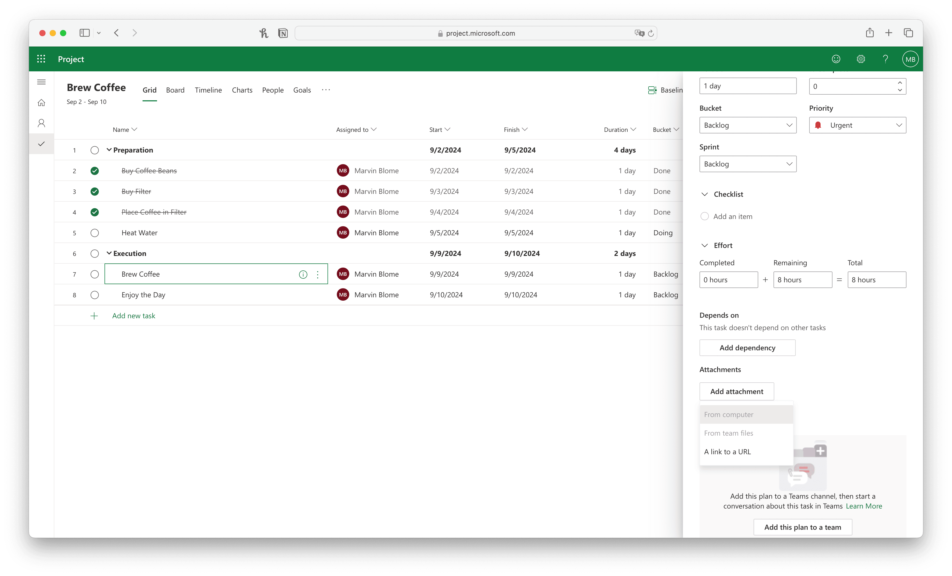 La vista de cuadrícula en MS Project Planner 3