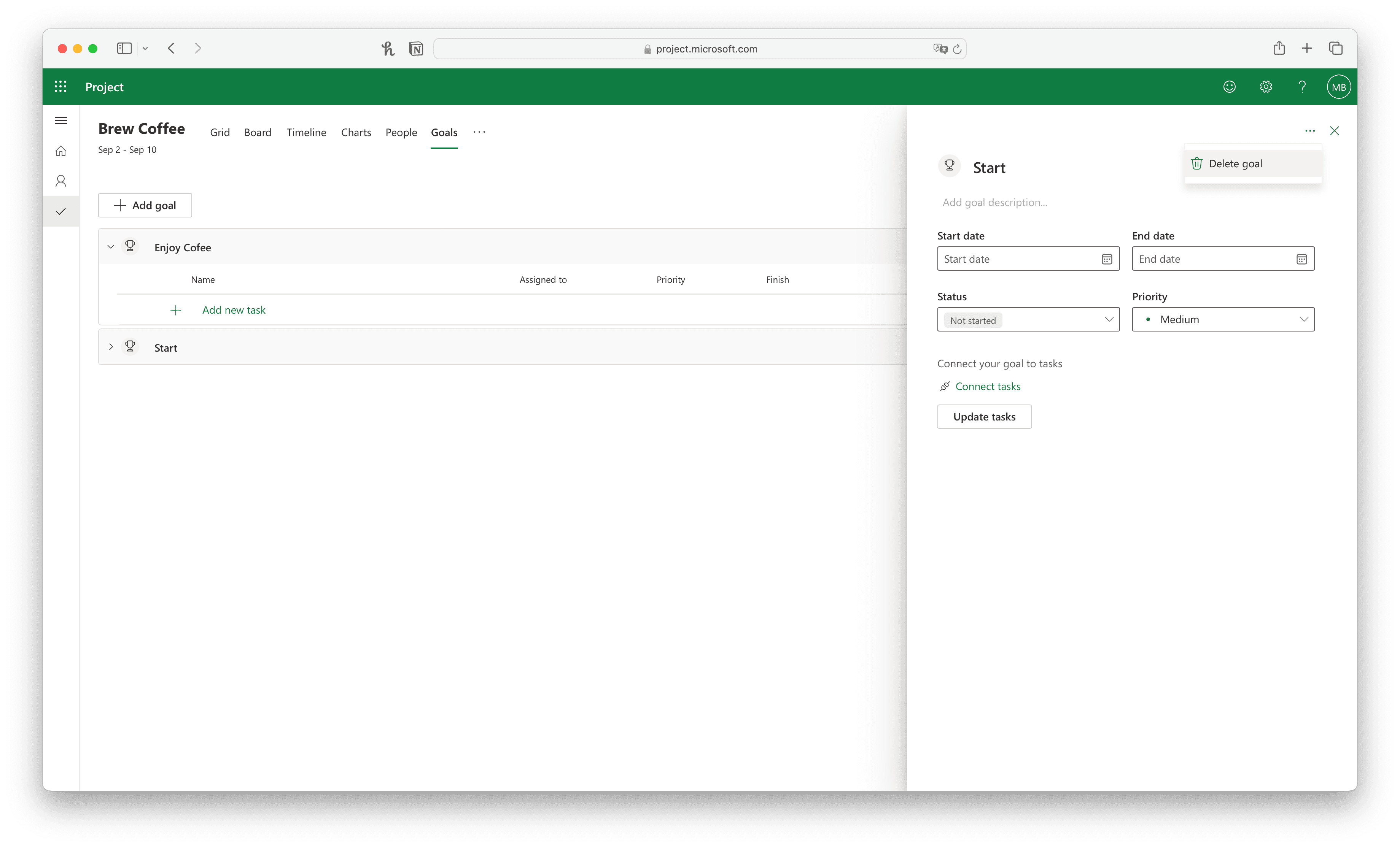 La vista Objetivos en MS Project Plan 3