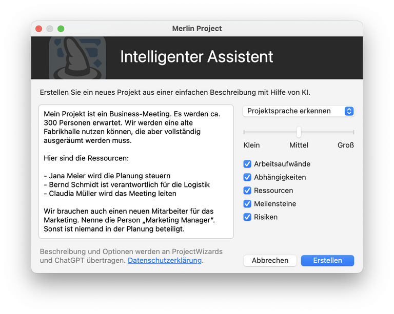 Der intelligente Assistent für neue Projekte in Merlin Project 9