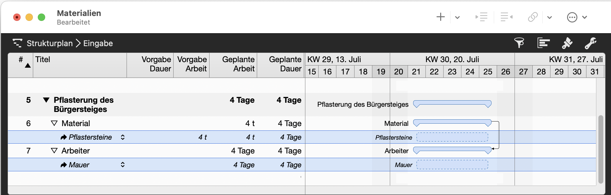 Merlin Projekt: Beispiel für eine Materialressourcenzuweisung - Pflasterung, die Material und Arbeiter erfordert
