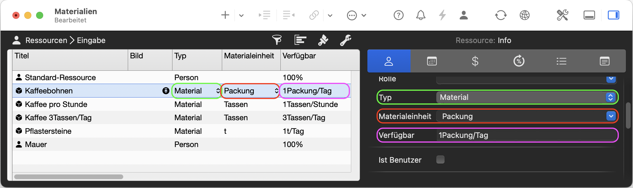 Merlin Projekt: Erstellen einer Materialressource - Paket Kaffeebohnen