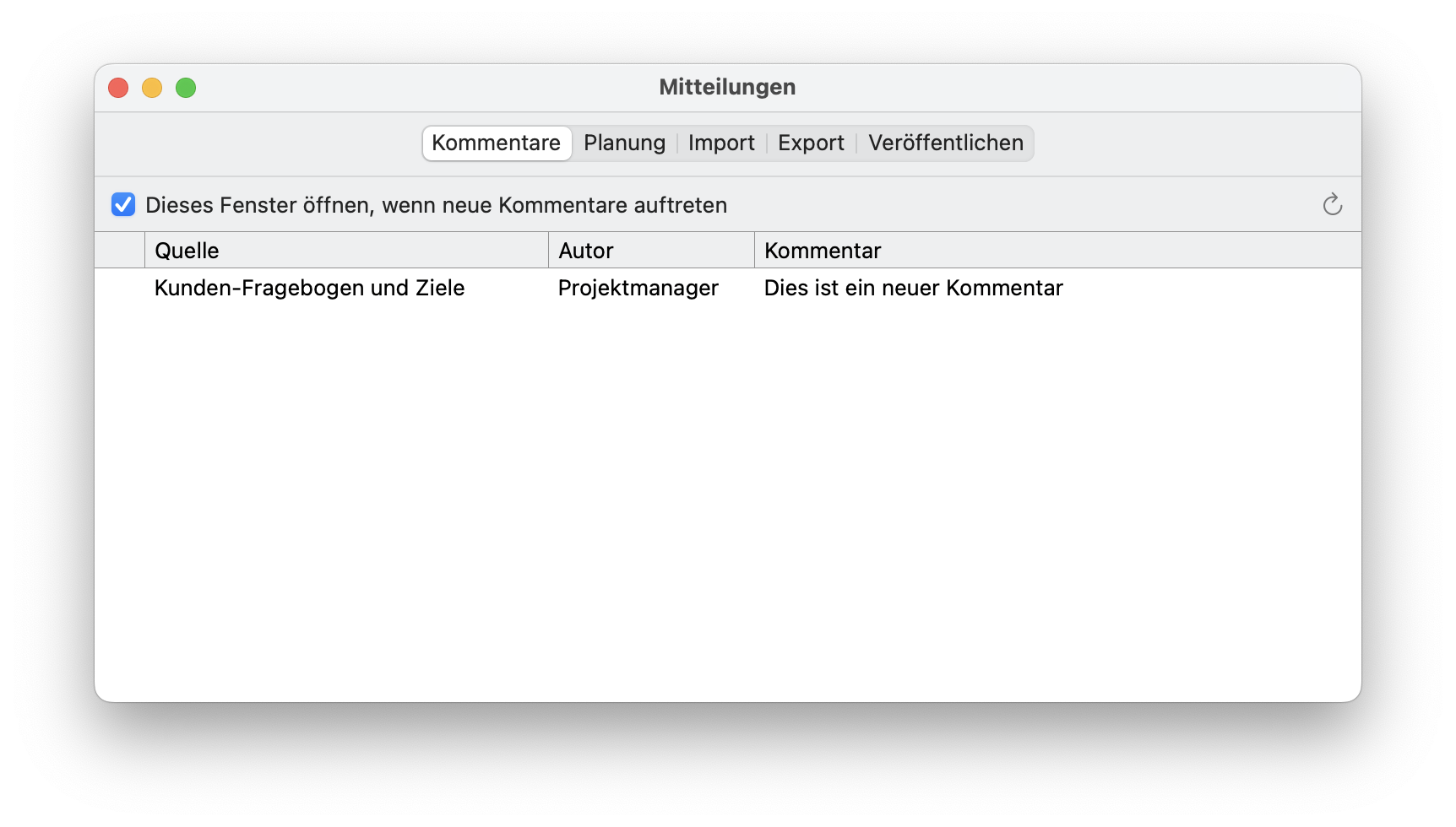 Um Kommentare in Merlin Project zu sehen, öffnen Sie das Fenster Mitteilungen